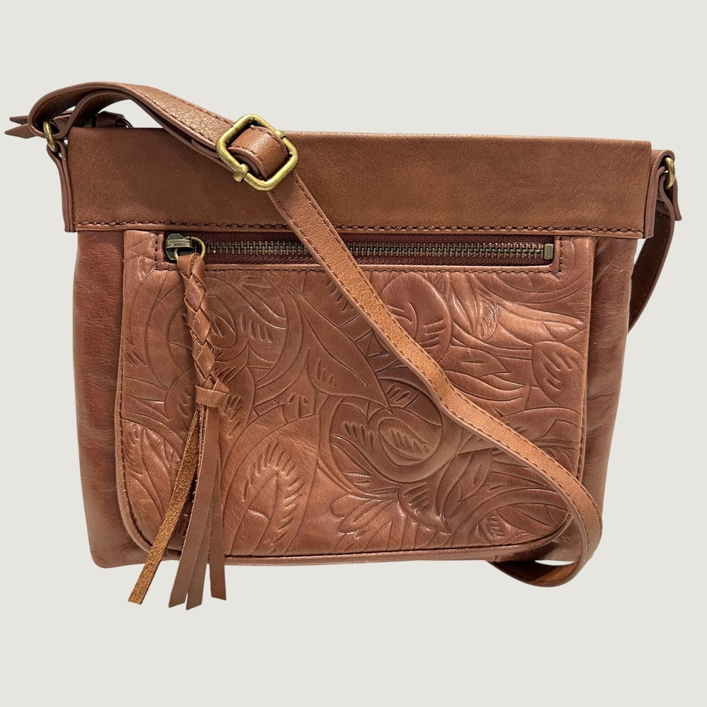 The Sak Sanibel Leather Crossbody Bag Tobacco Floral Embossed Brown Western Boho